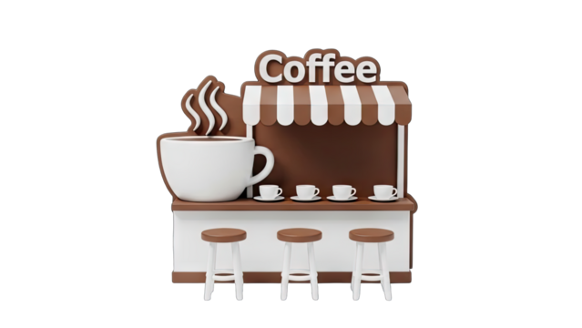 Stylized 3D illustration of a coffee stand with a large white cup and three stools on a transparent background - Powered by Adobe