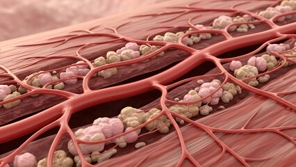 Medical illustration of a narrowed artery showing plaque buildup and blood flow within