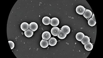 Microscopic view of spherical microorganisms under high magnification, revealing cellular structures