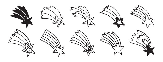 falling stars doodle hand drawn icon set. Outline drawing making a wish falling star line clipart symbol collection