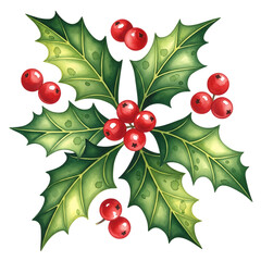 Beautiful holly leaves with red berries on white background