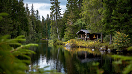 Fototapeta premium Small wooden house in coniferous forest on lakeside, peaceful retreat escape from city, serene natural setting, with copy space