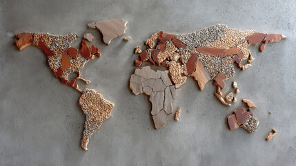 Unique world map mosaic crafted from diverse natural materials and stone fragments. pebbles, and wood pieces, highlighting creative craftsmanship and attention to detail