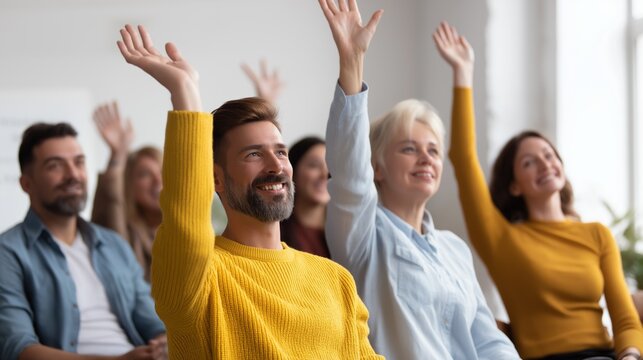 Participants show enthusiasm with raised hands while engaging in a dynamic question and answer session at a business seminar. The atmosphere is filled with curiosity and eagerness - Powered by Adobe