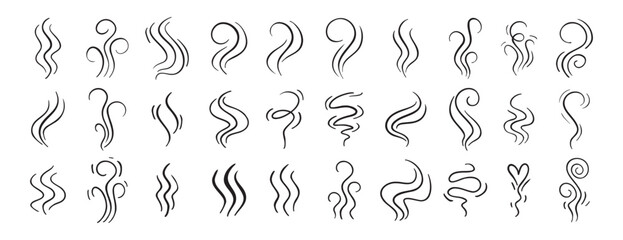 Fire steam or Line smoke doodle hand drawn set. smell waves from food or coffee and beverages sketch style.