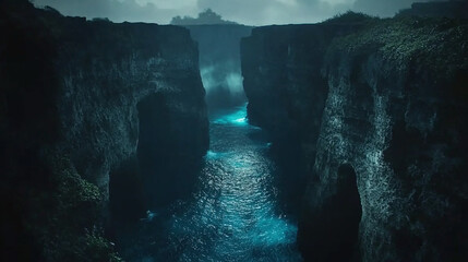 Dramatic coastal landscape with glowing blue water flowing through a deep canyon under a dark sky