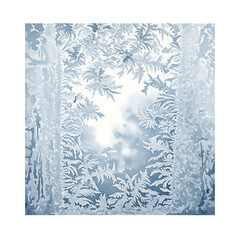 Frosty windowpane with delicate ice crystals and frozen flora