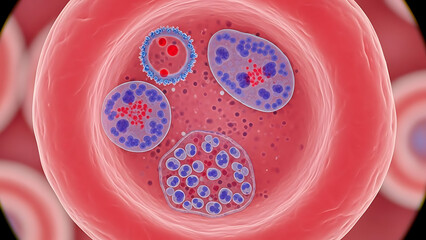 Microscopic view of malaria parasite infecting a red blood cell, detailed illustration