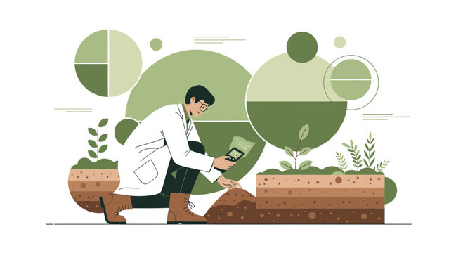 Scientist monitoring soil health with digital device in a lab environment with abstract elements