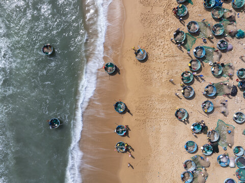 Aerial view of a vibrant beach dotted with traditional coracle fishing boats resting on the golden sand, contrasting with the turquoise sea, Quy Nhon, Binh Dinh, Vietnam.