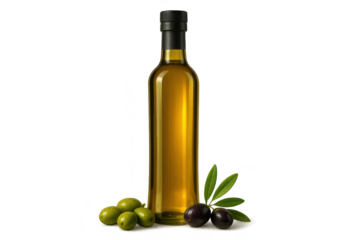 Olive Oil Bottle with Olives and transparent background close-up view.