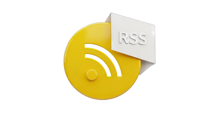 Stylized 3D RSS Feed Icon with Yellow Circle and White Ribbon Flag Displaying RSS Text