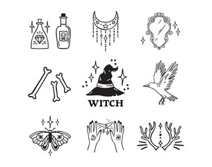 Witch Halloween set antlers and mirror, raven and bones, witch hat and moon, thread hands and poison jars, moth, , hand drawn monochrome line art, outline contour