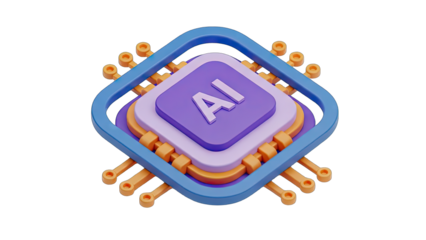 Stylized 3D Rendering of an AI Microchip with Purple and Blue Accents on a Transparent Background Symbolizing Artificial Intelligence and Technology