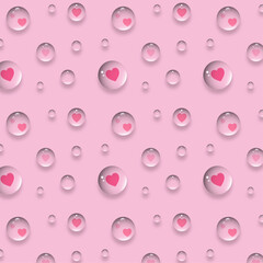 Heart water drops seamless pattern isolated on pink background.Valentine's day background wallpaper.Love bubbles vector graphic illustration.