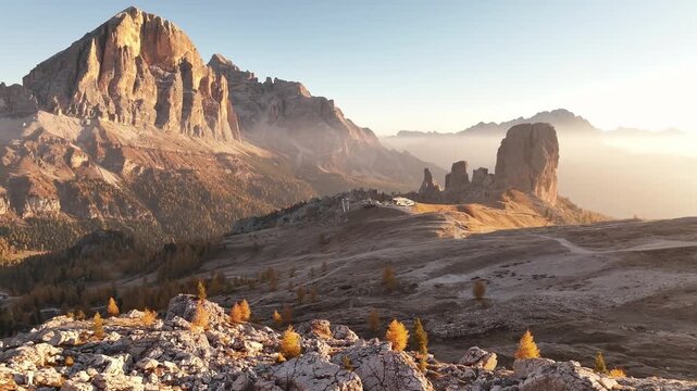 Beautiful sunlight. Five towers Cinque Torri mountains majestic landscape of nature in Italy.