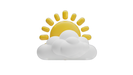 Stylized 3D sun partially hidden behind a fluffy white cloud with a transparent background perfect for weather icons and designs