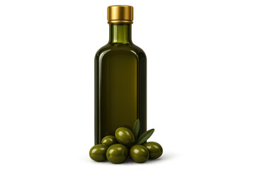 Olive oil bottle and olives on a transparent background, studio shot.