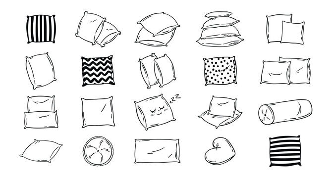 Doodle drawing pillow set. Soft pillow for sleep, outline hand drawn pillows. Rest bedroom decoration. Hand drawn cozy pillows for bed and sofa