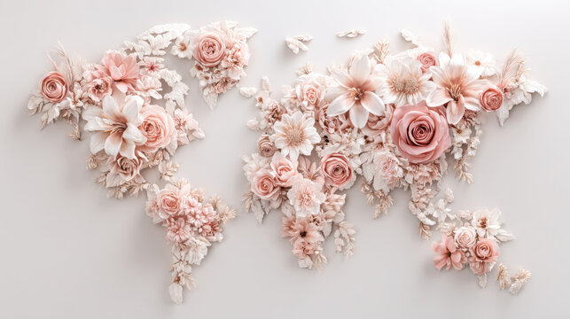 Intricate floral world map art with delicate pastel roses and blossoms. A detailed artistic representation of the Earth's continents formed entirely from soft, pastel-colored flowers and foliage