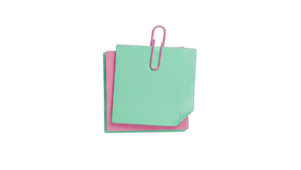 Stack Of Two Mint Green And Pink Square Paper Note Pads Attached With A Pink Metal Paper Clip On A Transparent Background With Soft Lighting