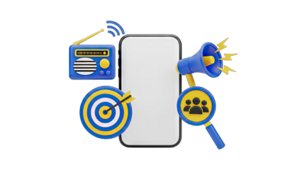 Smartphone With Radio Megaphone Target And Magnifying Glass Icon On Transparent Background Digital Marketing Communication And Social Media Concept