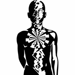 Abstract Human Figure with Geometric Patterns and Radial Design.