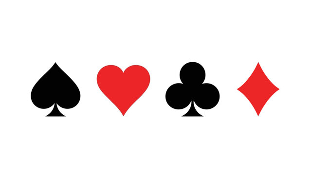 Four Playing Card Suits, Spade, Heart, Club, Diamond, Isolated on White