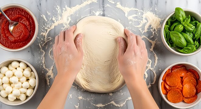 Top view of hands kneading pizza dough on a marble surface surrounded by ingredients like tomato sauce, basil, mozzarella, and pepperoni. - Powered by Adobe