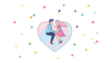 Love's Tender Embrace: A tender moment unfolds as a couple sits nestled within a heart, surrounded by a constellation of stars, representing a love filled with wonder and affection. © Nadim