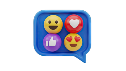 Social Media Reaction Icons Including Laughing Face Thumbs Up Heart and Heart Eyes Inside a Blue Speech Bubble With a Transparent Background