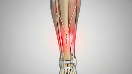 Detailed 3D anatomical rendering of an Achilles tendon injury with highlighted pain in the human leg