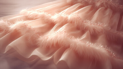 Delicate peach fabric with soft feather trim and sparkling bead embellishments. View of flowing peach-colored fabric adorned with fluffy feather trim tiny shimmering beads creating luxurious texture