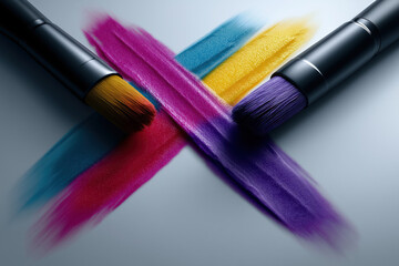 Fototapeta premium Bright colors mix on a smooth surface with paintbrushes and strokes