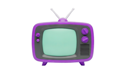 Retro Television Set With Purple Casing And Light Green Screen On A Transparent Background With Two Antennas Extended Upwards