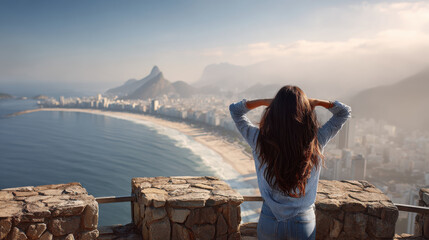 Woman admiring panoramic view of Rio de Janeiro coastline mountains from viewpoint. Woman stands on stone viewpoint, looking out at expansive coastline of Rio de Janeiro with its iconic mountains