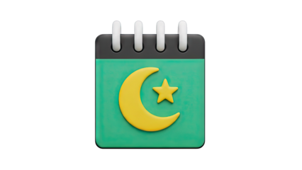 Islamic Crescent Moon and Star Icon on a Teal Calendar Page with Spiral Binding and White Background Isolated