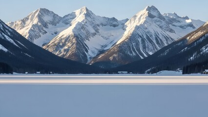 Snow-capped mountains overlooking a frozen lake