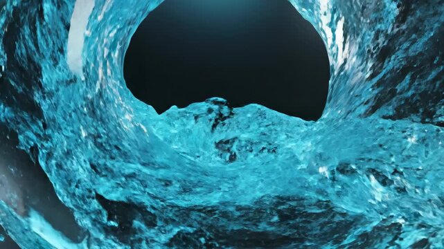 Animated abstract visualization of vibrant turquoise fluid continuously swirling inside a perfectly transparent glass toroid structure energy, modern, perfect shape