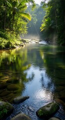 Obraz premium Sunlight filtering through lush green trees onto a serene river in a tropical rainforest.