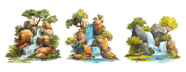 Cascading jungle river flows down rocky mountain cliffs in tropical paradise. Beautiful landscape illustration featuring lush vegetation, stones, and streaming nature scenery. © Narin