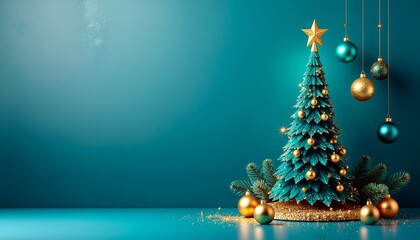 Turquoise and gold festive background with a Christmas tree
