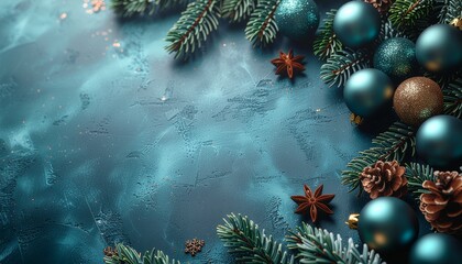 Niebieskie tło z bombkami, szyszkami gałązkami świerku oraz miejscem an tekst
