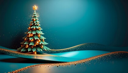 Turkusowo-złote, świąteczne tło z choinką