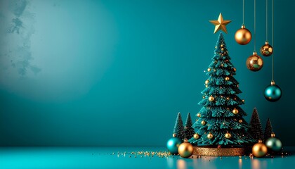 Turquoise and gold festive background with a Christmas tree