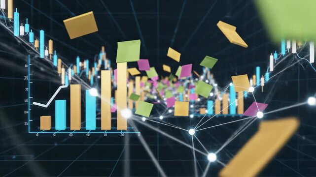 Data Visualization: An abstract representation of data, featuring colorful charts and diagrams interconnected by a network of lines, showcasing complex information.
