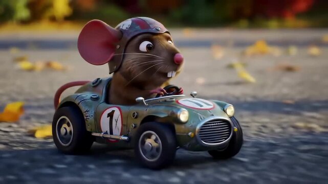 A cute little mouse wearing a racing helmet driving a vintage sports car on an autumn road.
With motion blur and bokeh background.
