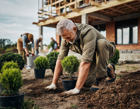 Ogrodnik sadzący krzewy w ogrodzie przed domem