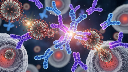 Microscopic view of immune system Antibodies neutralizing viruses and cell defense process