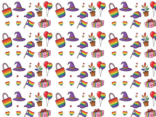 Colorful seamless vector pattern with rainbow bags, flags, hearts, balloons, and playful celebration elements isolated PNG with Transparent Background
